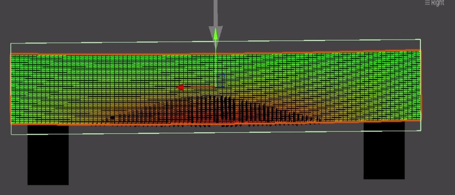 Damage-index view showing crack-prone regions highlighted within the beam