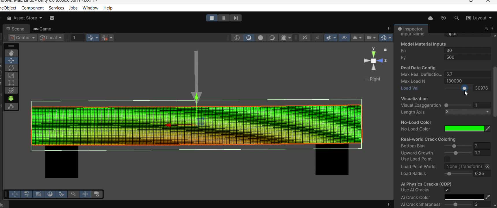 Unity prototype interface showing the crack visualization scene and damage controls